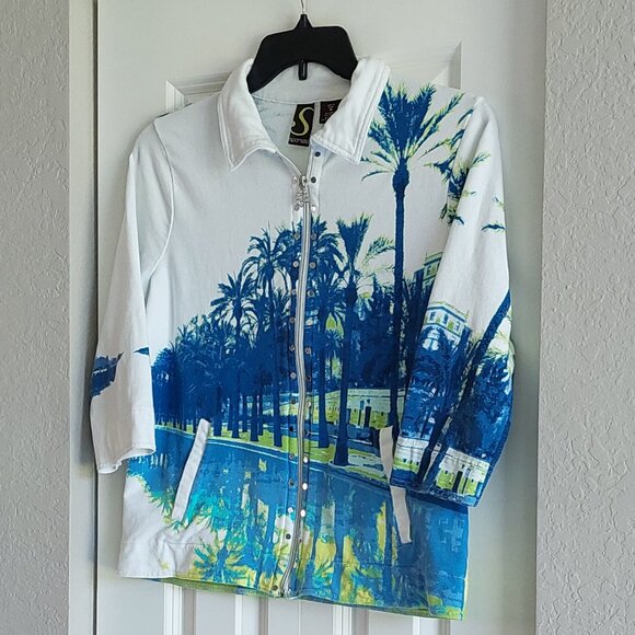 Sportelle 3/4 Sleeve Zip-Up Jacket Palm Tree Print Women's Size M - Picture 2 of 9
